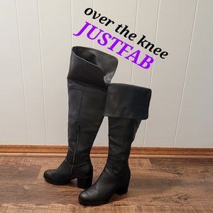 JUSTFAB Lewan women's over the knee beautiful black vegan lea boots. Sz: 7.5